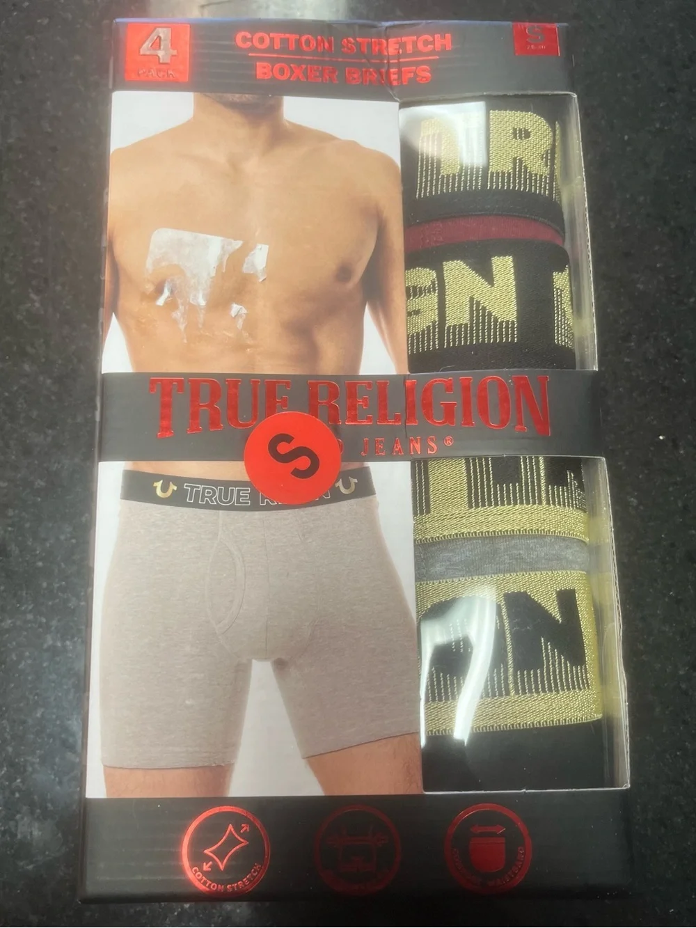 Sz small 4 Pck True Religion Men’s Boxer Briefs — blk gold Waistbands